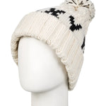 Roxy Women's Tonic Beanie 2025 - A cream-colored beanie with a black geometric pattern on top and a matching pom-pom at the end.