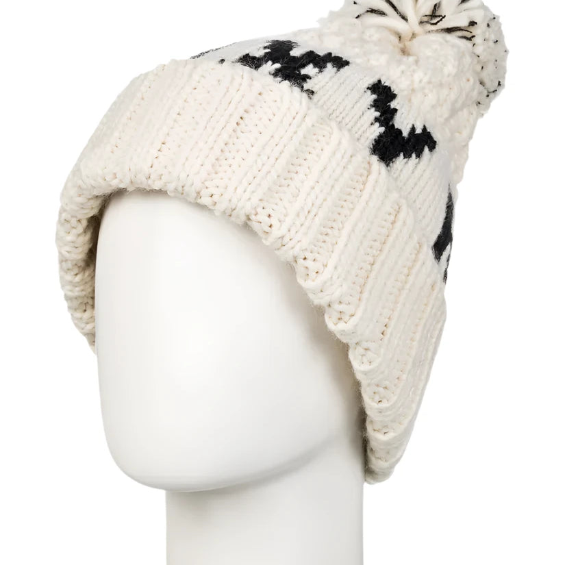 Roxy Women's Tonic Beanie 2025 - A cream-colored beanie with a black geometric pattern on top and a matching pom-pom at the end.
