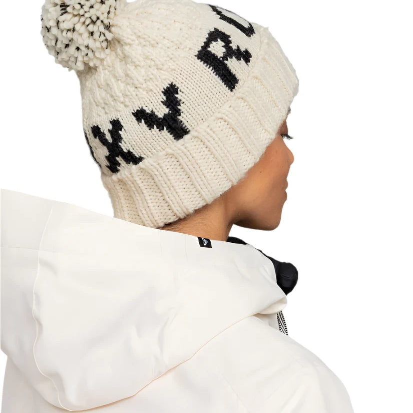 Roxy Women's Tonic Beanie 2025 - A cream-colored beanie with a black "ROXY" logo on the front.