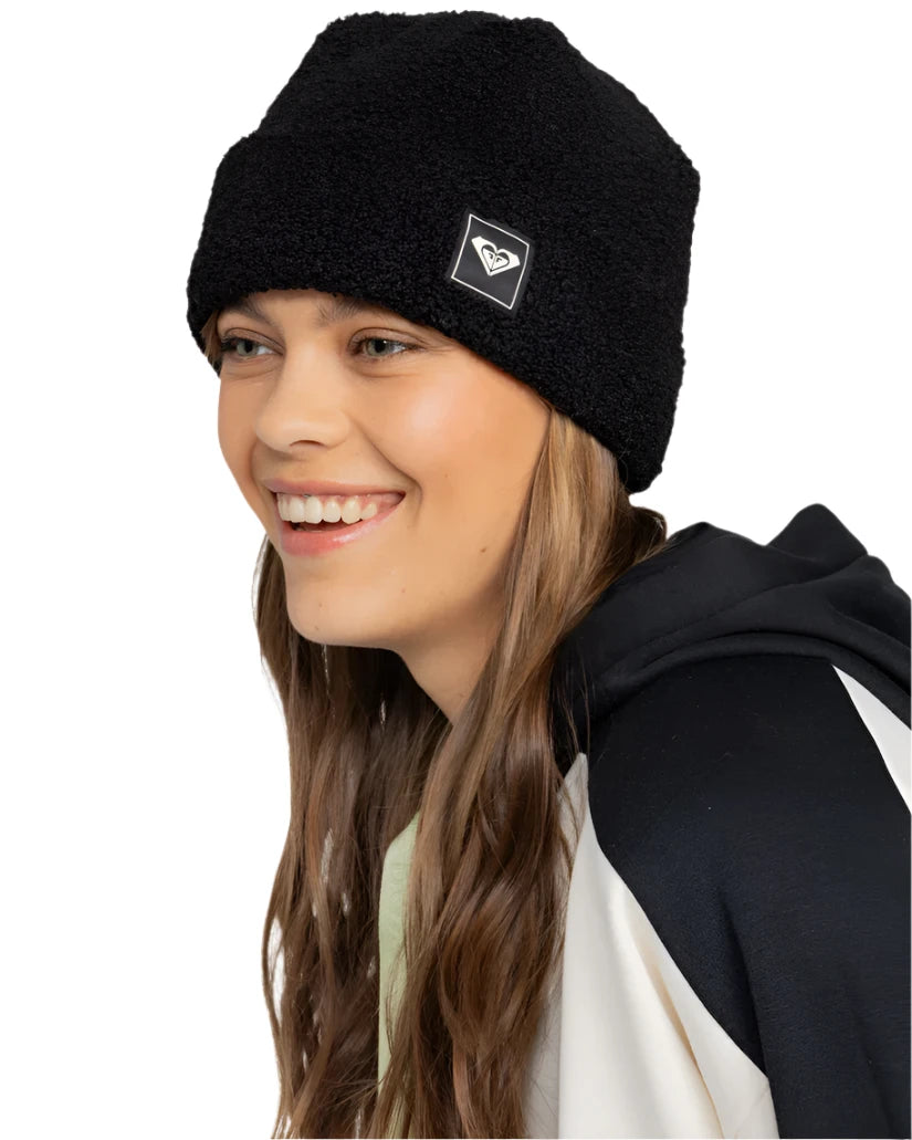 Roxy Women's Valwood Beanie 2025 - A black beanie with a white logo on the front.