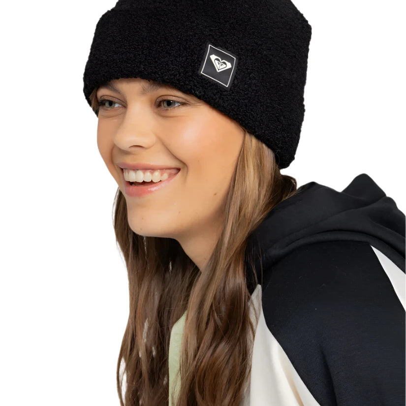 Roxy Women's Valwood Beanie 2025 - A black beanie with a white logo on the front.