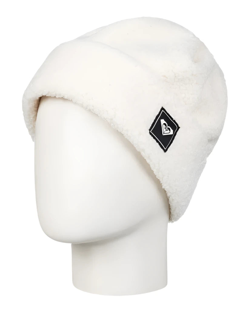Roxy Women's Valwood Beanie 2025 - A white beanie with a black logo featuring a heart and an arrow on the front.