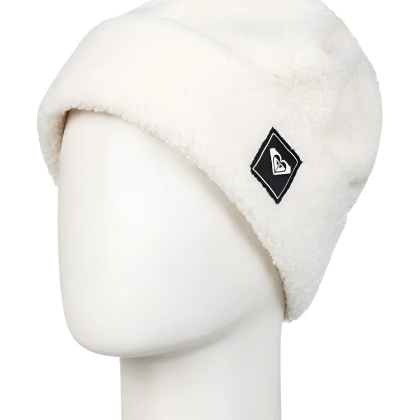 Roxy Women's Valwood Beanie 2025 - A white beanie with a black logo featuring a heart and an arrow on the front.