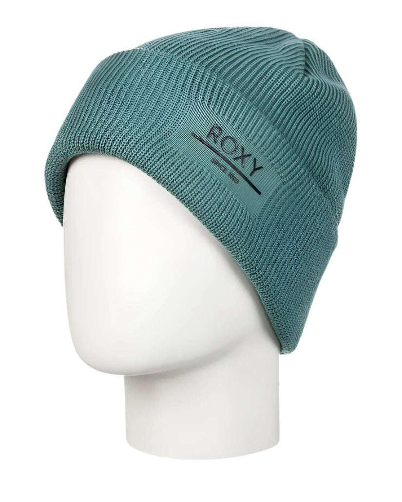Roxy Women's Folker Beanie 2025 - A light blue beanie with a ribbed texture and a logo on the front that reads "ROXY" in black letters.