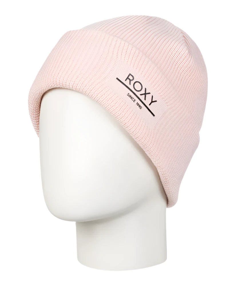 Roxy Women's Folker Beanie 2025 - A light pink beanie with a ribbed texture and a folded cuff at the bottom.