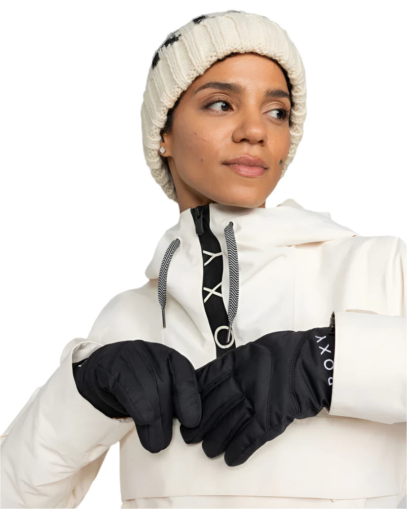 Roxy Women's Jetty Solid Glove 2025 - A black glove with a white logo on the wrist cuff.
