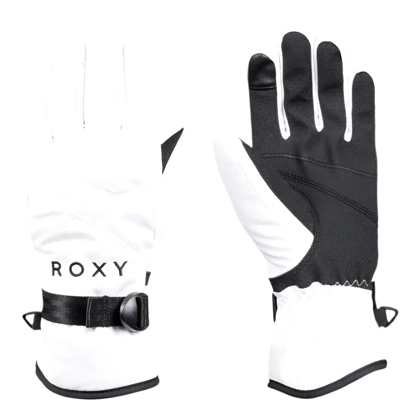 Roxy Women's Jetty Solid Glove 2025 - A white glove with a black strap and buckle on the wrist.