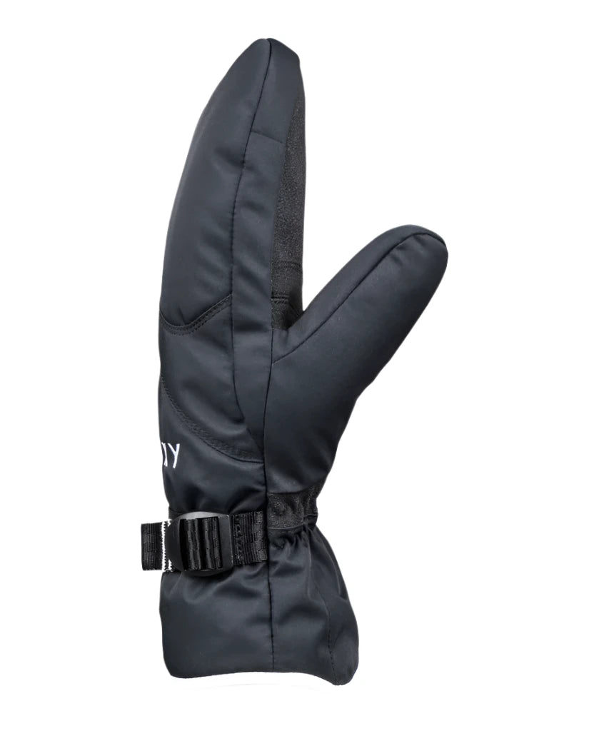 Roxy Women's Jetty Solid Mitt - A black mitt with a solid pattern, featuring a strap and buckle on the wrist.