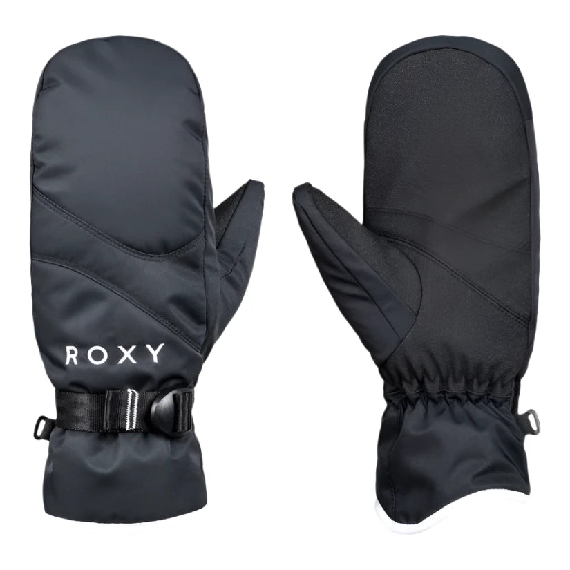 Roxy Women's Jetty Solid Mitt - A pair of black mittens with a solid pattern, featuring a strap and buckle on the wrist.