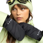 Roxy Women's Jetty Solid Mitt 2025 - A pair of black mittens with a solid pattern, featuring a strap on the wrist and a textured palm.