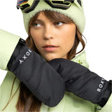 Roxy Women's Jetty Solid Mitt 2025 - A pair of black mittens with a solid pattern, featuring a strap on the wrist and a textured palm.