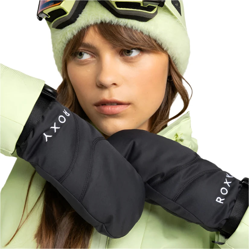 Roxy Women's Jetty Solid Mitt 2025 - A pair of black mittens with a solid pattern, featuring a strap on the wrist and a textured palm.