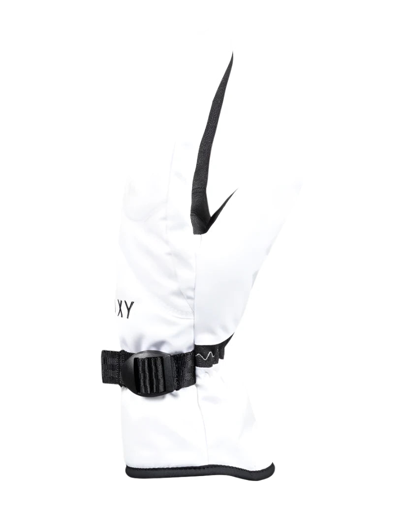 Roxy Women's Jetty Solid Mitt 2025 - A white mitt with a black strap and buckle on the wrist, featuring a solid pattern.