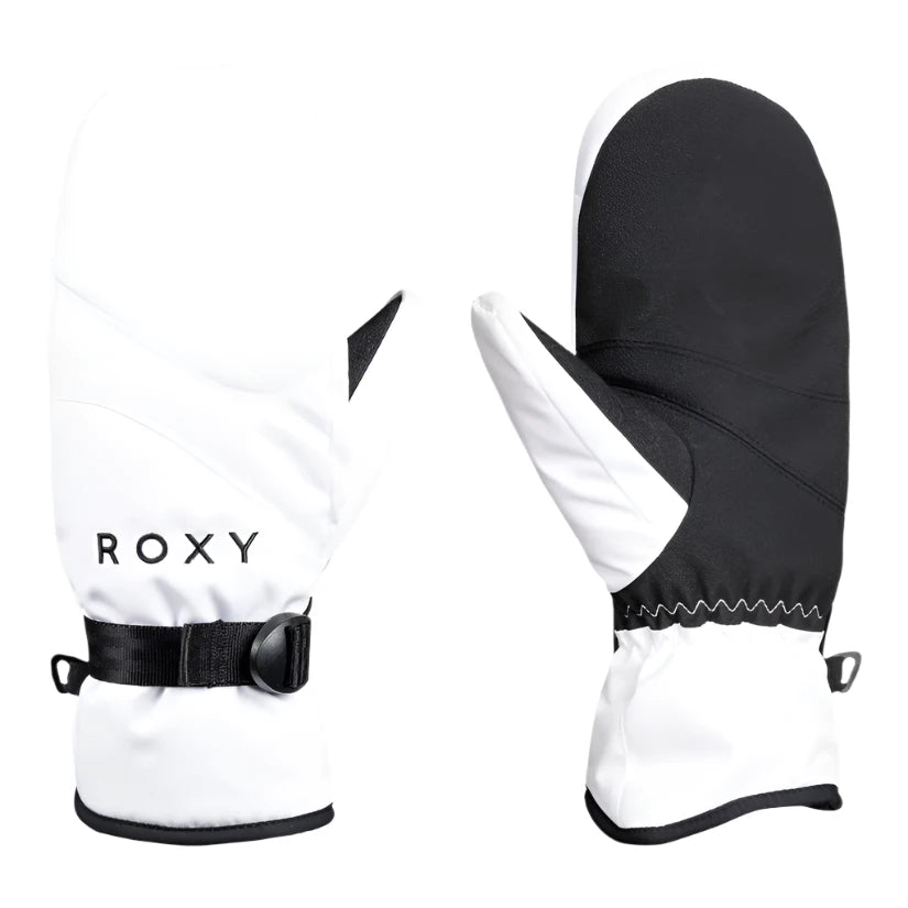 Roxy Women's Jetty Solid Mitt - A pair of white mittens with a black strap and buckle on the wrist, featuring a solid color design.