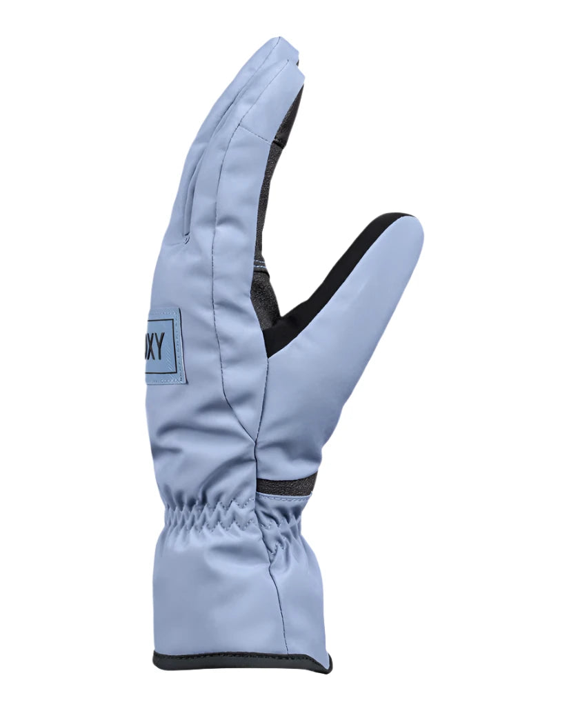 Roxy Women's Freshfield Glove 2025 - A light blue glove with a black strap and white stitching on the wrist.
