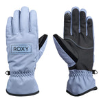 Roxy Women's Freshfield Glove 2025 - A pair of gloves with a light blue-gray color and black accents on the cuffs, featuring a rectangular patch with "ROXY" in black letters on the back of one glove.