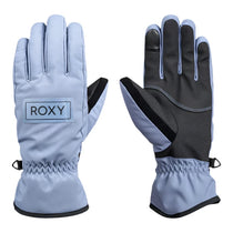 Roxy Women's Freshfield Glove 2025 - A pair of gloves with a light blue-gray color and black accents on the cuffs, featuring a rectangular patch with "ROXY" in black letters on the back of one glove.