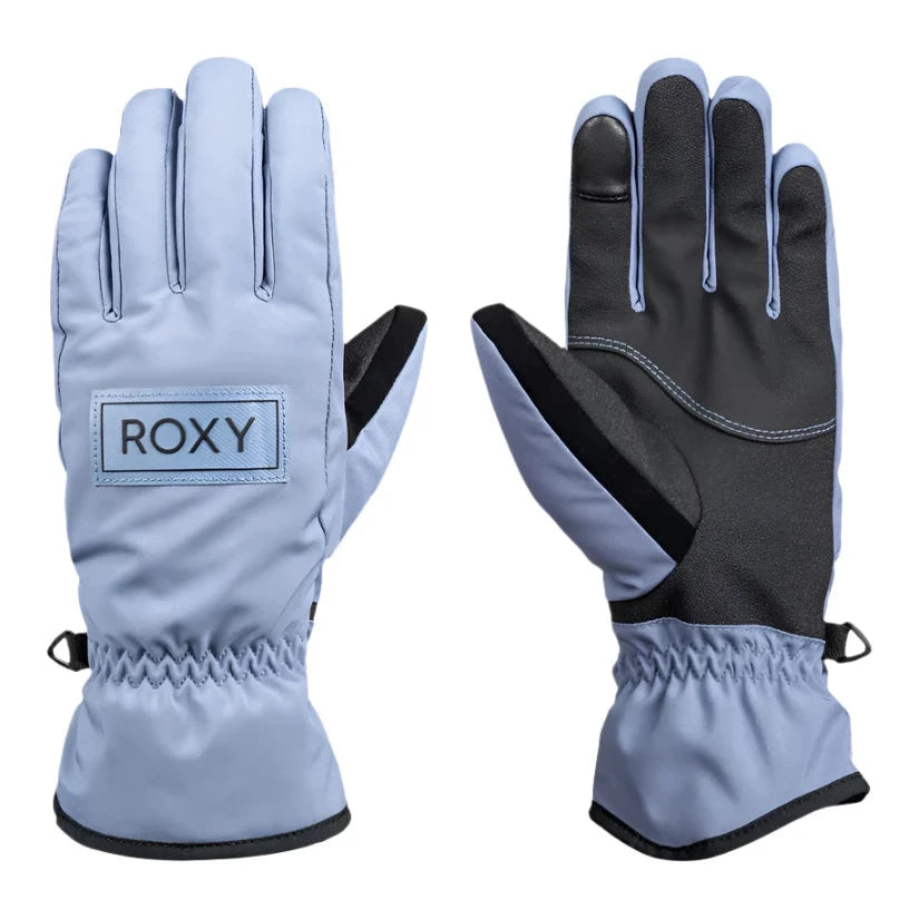 Roxy Women's Freshfield Glove 2025 - A pair of gloves with a light blue-gray color and black accents on the cuffs, featuring a rectangular patch with "ROXY" in black letters on the back of one glove.