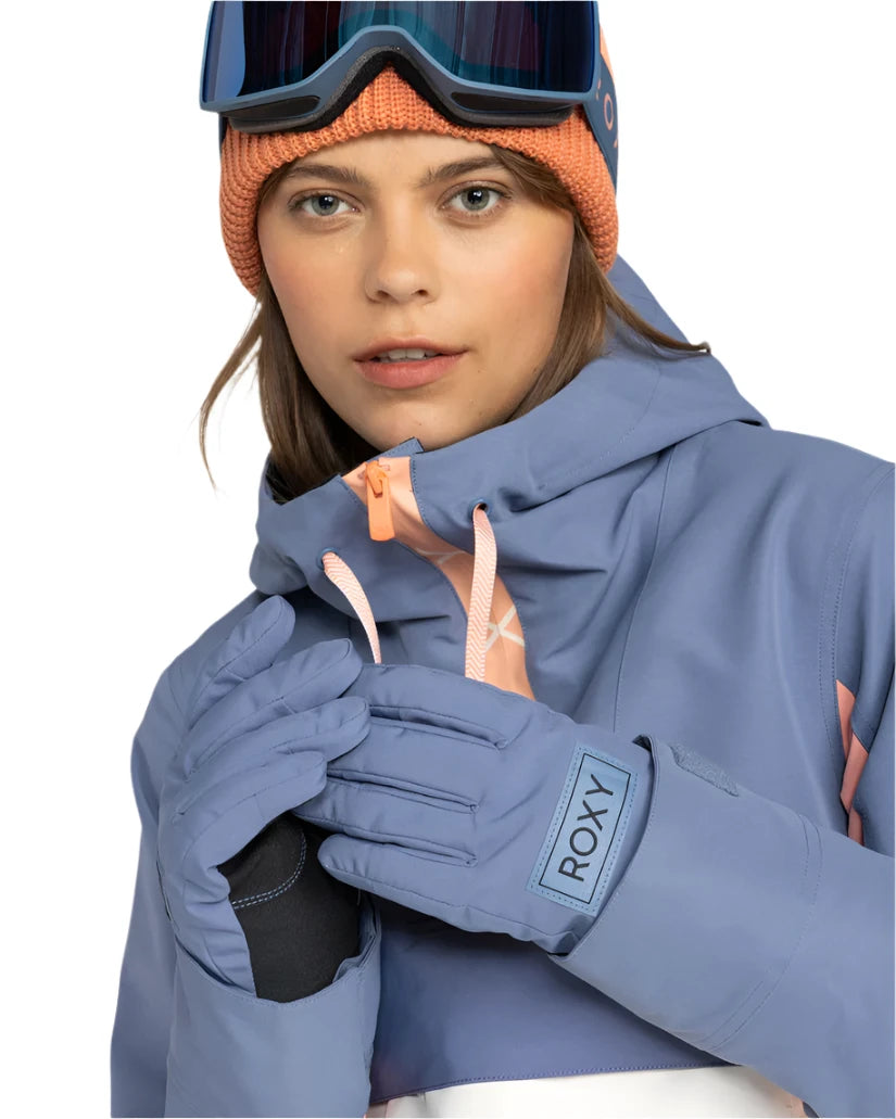 Roxy Women's Freshfield Glove - A light blue glove with a white logo on the wrist and a black strap at the cuff.