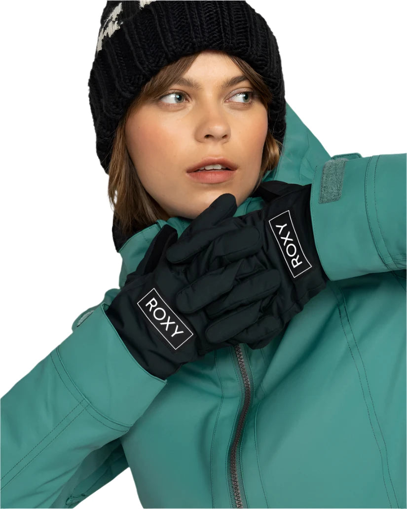 Roxy Women's Freshfield Glove 2025 - A pair of black gloves with a white logo on the wrist cuff.