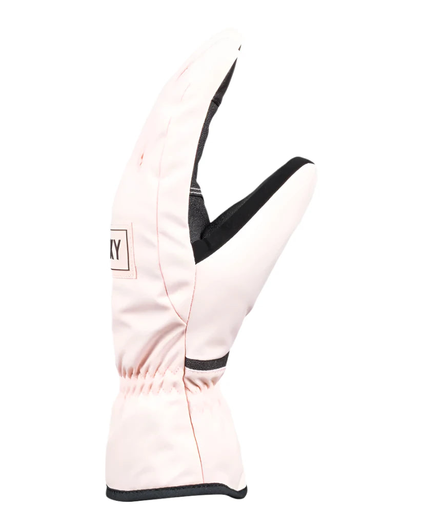 Roxy Women's Freshfield Glove 2025 - A light pink glove with a black strap and white stitching on the wrist.