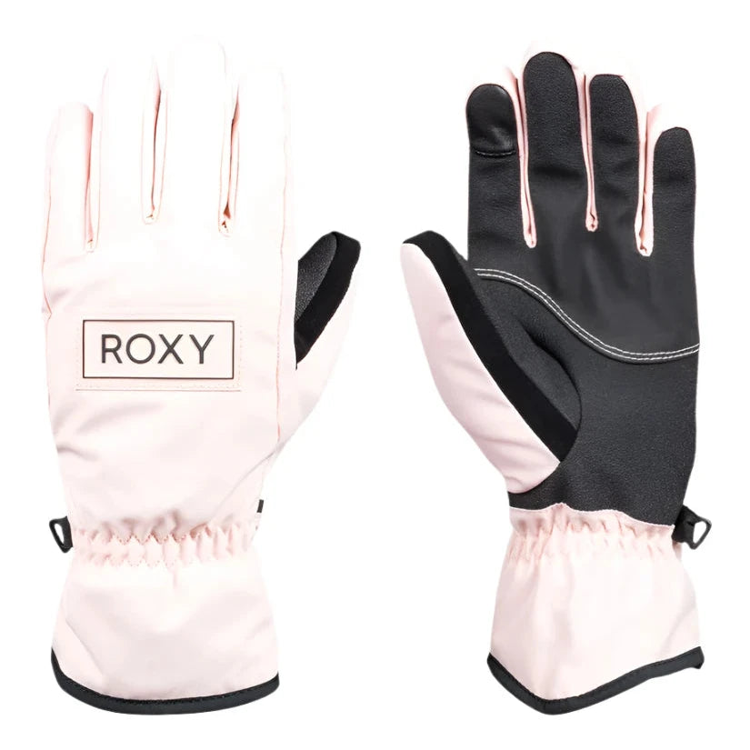 Roxy Women's Freshfield Glove 2025 - A pair of gloves with a light pink palm and cuffs, featuring black accents on the fingers and thumb.