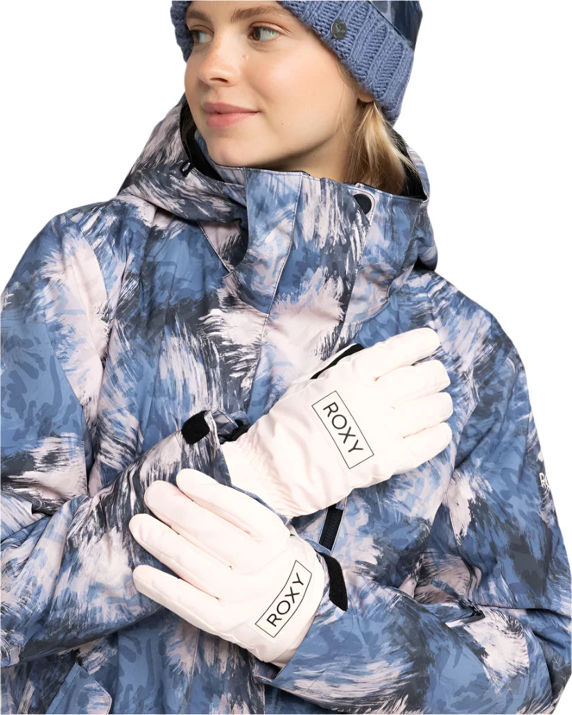 Roxy Women's Freshfield Glove 2025 - A pair of gloves with a black palm and fingers, featuring a white snowflake pattern on the back.