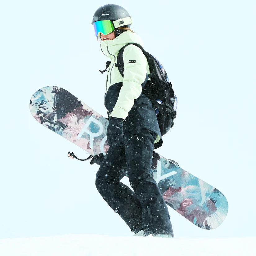 Roxy Women's Gore-Tex Stretch Purelines Jacket 2025 - A black jacket with a white logo on the left chest and a zippered pocket on the right side.