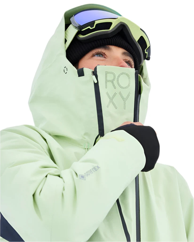 Roxy Women's Gore-Tex Stretch Purelines Jacket 2025 - A light green jacket with a black zipper and logo on the chest, featuring a hood and adjustable cuffs.