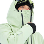 Roxy Women's Gore-Tex Stretch Purelines Jacket 2025 - A light green jacket with a black zipper and logo on the chest, featuring a hood and adjustable cuffs.