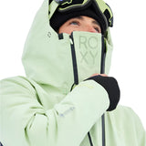 Roxy Women's Gore-Tex Stretch Purelines Jacket 2025 - A light green jacket with a black zipper and logo on the chest, featuring a hood and adjustable cuffs.