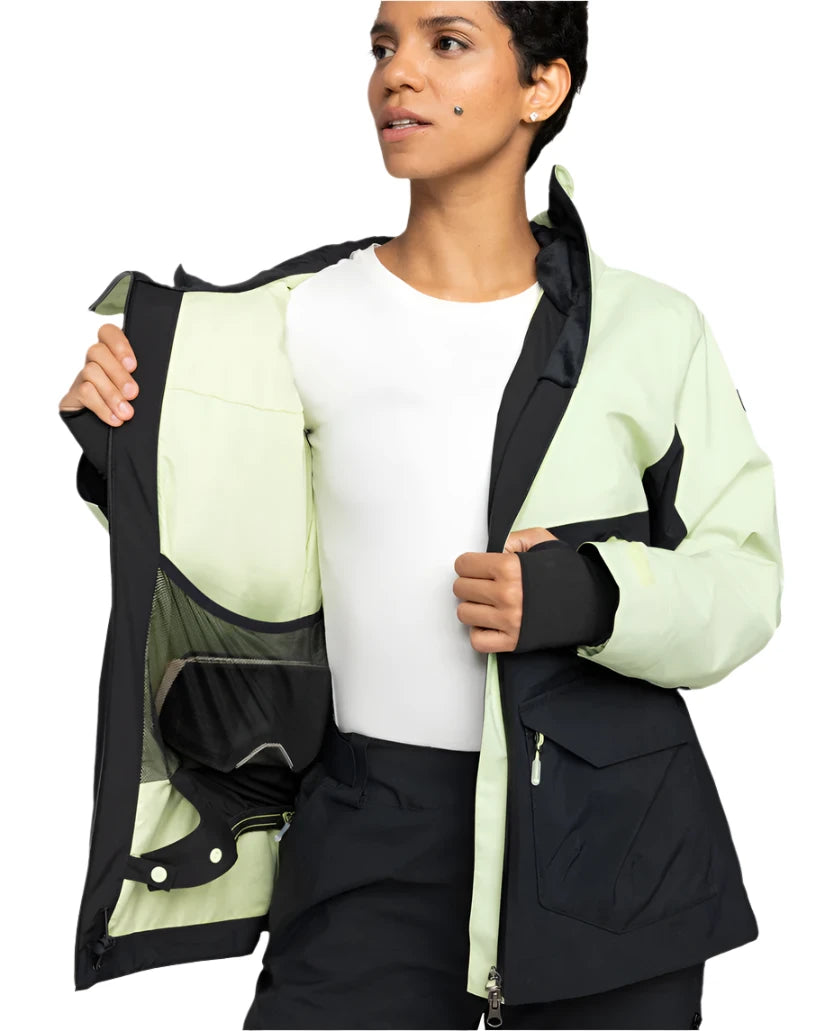 Roxy Women's Gore-Tex Stretch Purelines Jacket 2025 - A black and light green jacket with a zippered chest pocket, worn by a model on a plain background.