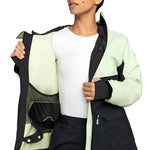 Roxy Women's Gore-Tex Stretch Purelines Jacket 2025 - A black and light green jacket with a zippered chest pocket, worn by a model on a plain background.