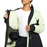 Roxy Women's Gore-Tex Stretch Purelines Jacket 2025 - A black and light green jacket with a zippered chest pocket, worn by a model on a plain background.