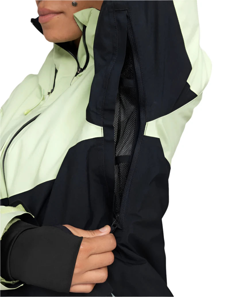 Roxy Women's Gore-Tex Stretch Purelines Jacket 2025 - A light green and black jacket with a zippered front, featuring a hood and adjustable cuffs.