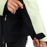 Roxy Women's Gore-Tex Stretch Purelines Jacket 2025 - A black jacket with a white stripe on the left sleeve and a zippered pocket on the right side.