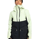 Roxy Women's Gore-Tex Stretch Purelines Jacket 2025 - A black and light green jacket with a high collar, zippered pockets, and a hood.