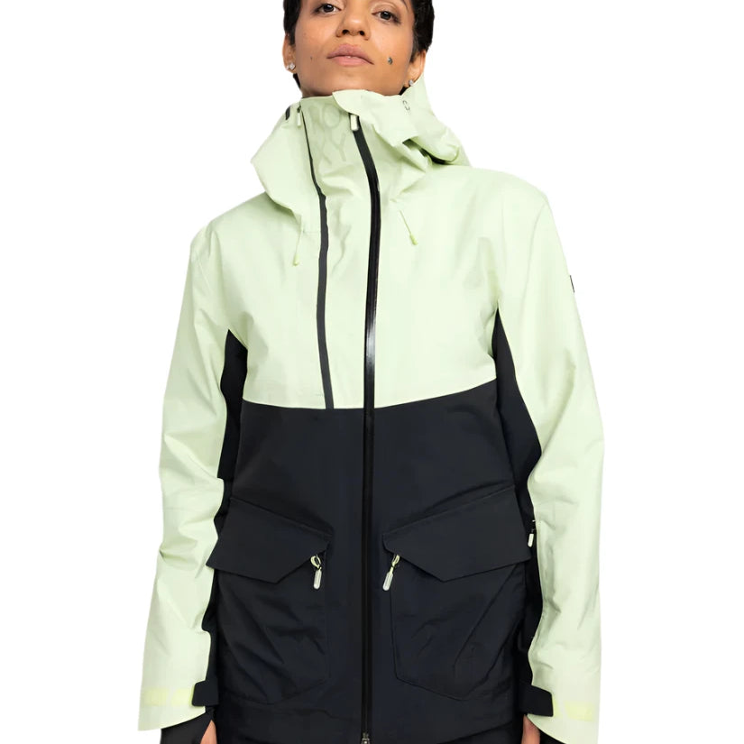 Roxy Women's Gore-Tex Stretch Purelines Jacket 2025 - A black and light green jacket with a high collar, zippered pockets, and a hood.