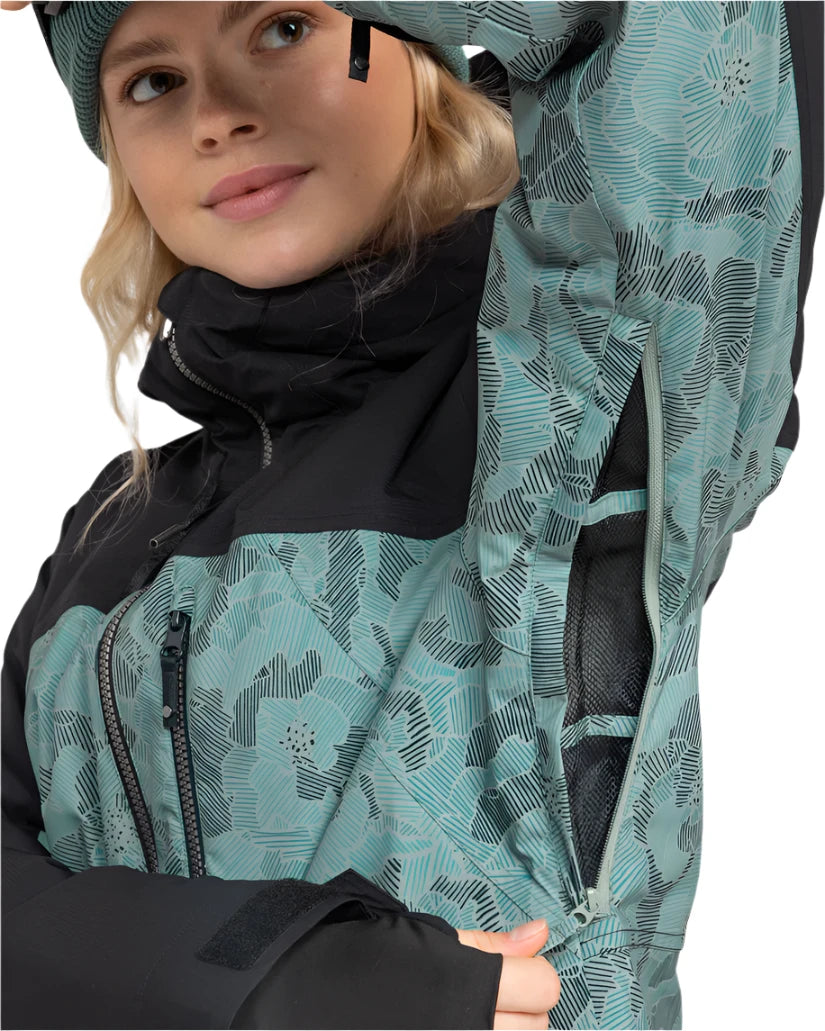 Roxy Women's Stated Insulated Jacket 2025 - A black and teal jacket with a geometric pattern, featuring a zippered front and hood.