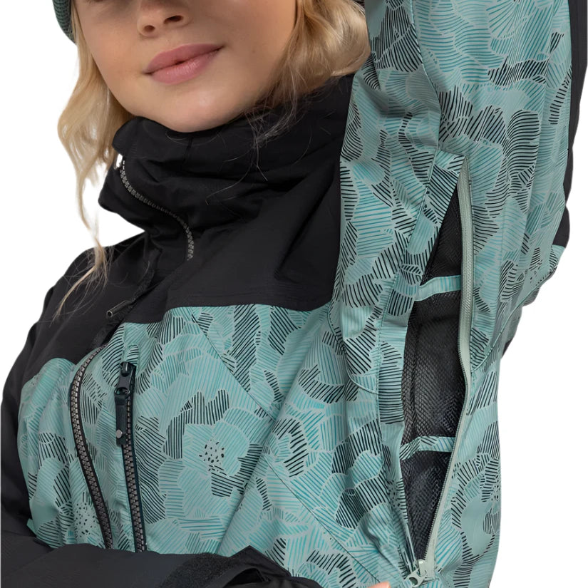 Roxy Women's Stated Insulated Jacket 2025 - A black and teal jacket with a geometric pattern, featuring a zippered front and hood.