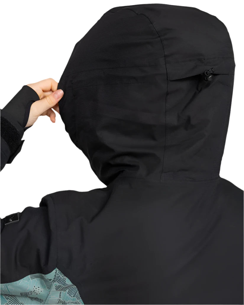 Roxy Women's Stated Insulated Jacket 2025 - A black jacket with a hood, featuring a small pocket on the left side of the chest and a zipper closure at the front.