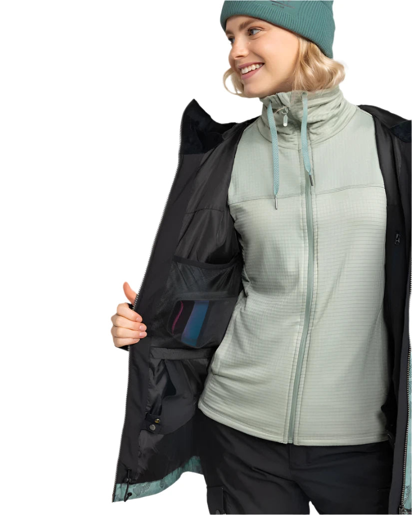 Roxy Women's Stated Insulated Jacket - A black insulated jacket with a zippered chest pocket and two side pockets, featuring a hood and adjustable cuffs.