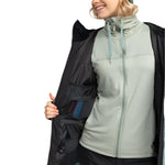 Roxy Women's Stated Insulated Jacket - A black insulated jacket with a zippered chest pocket and two side pockets, featuring a hood and adjustable cuffs.