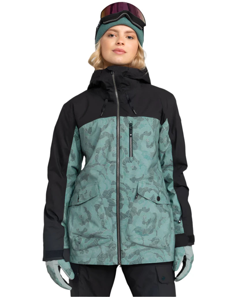 Roxy Women's Stated Insulated Jacket 2025 - A black and teal jacket with a subtle floral pattern, featuring a zippered front and hood.