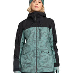 Roxy Women's Stated Insulated Jacket 2025 - A black and teal jacket with a subtle floral pattern, featuring a zippered front and hood.