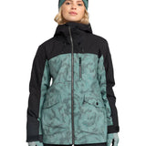 Roxy Women's Stated Insulated Jacket 2025 - A black and teal jacket with a subtle floral pattern, featuring a zippered front and hood.
