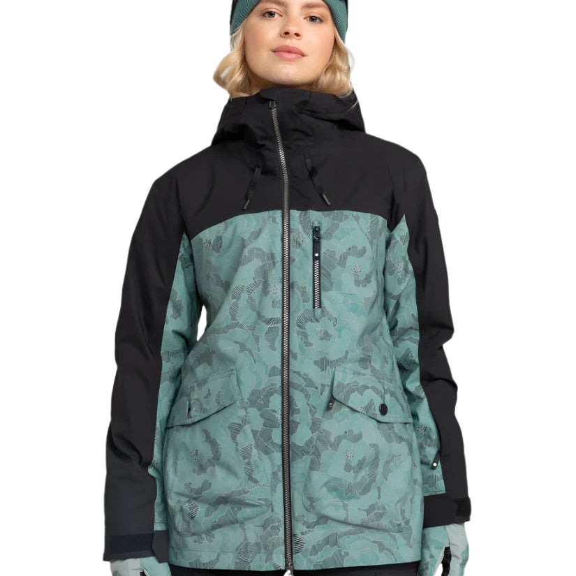 Roxy Women's Stated Insulated Jacket 2025 - A black and teal jacket with a subtle floral pattern, featuring a zippered front and hood.