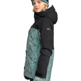 Roxy Women's Stated Insulated Jacket 2025 - A black and teal snowboard jacket with a subtle floral pattern on the front, featuring a hood and two zippered pockets.