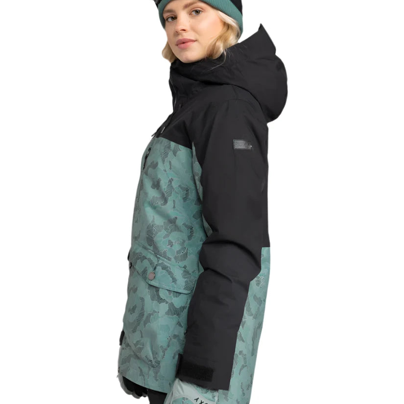 Roxy Women's Stated Insulated Jacket 2025 - A black and teal snowboard jacket with a subtle floral pattern on the front, featuring a hood and two zippered pockets.