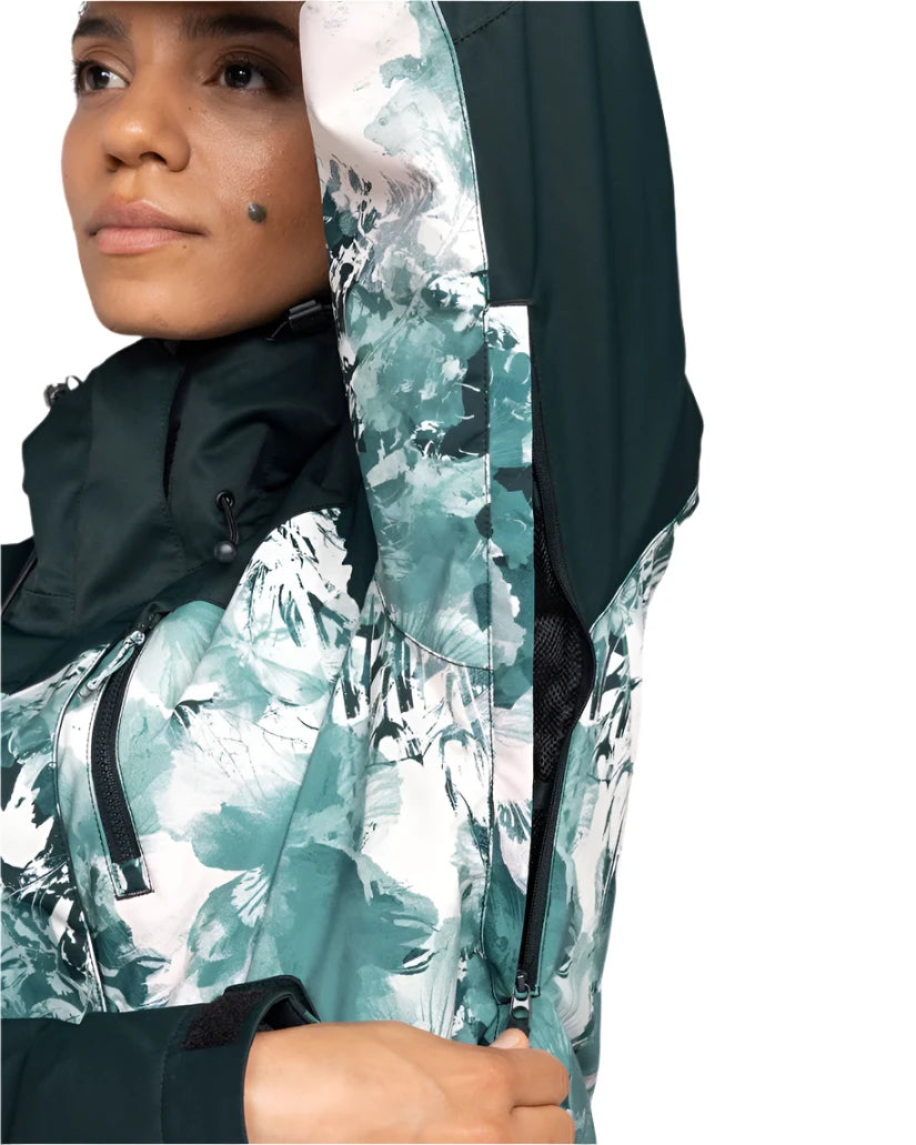 Roxy Women's Jetty 3 In 1 Jacket - A white and teal floral patterned jacket with a hood, black zipper, and black drawstring at the waist.